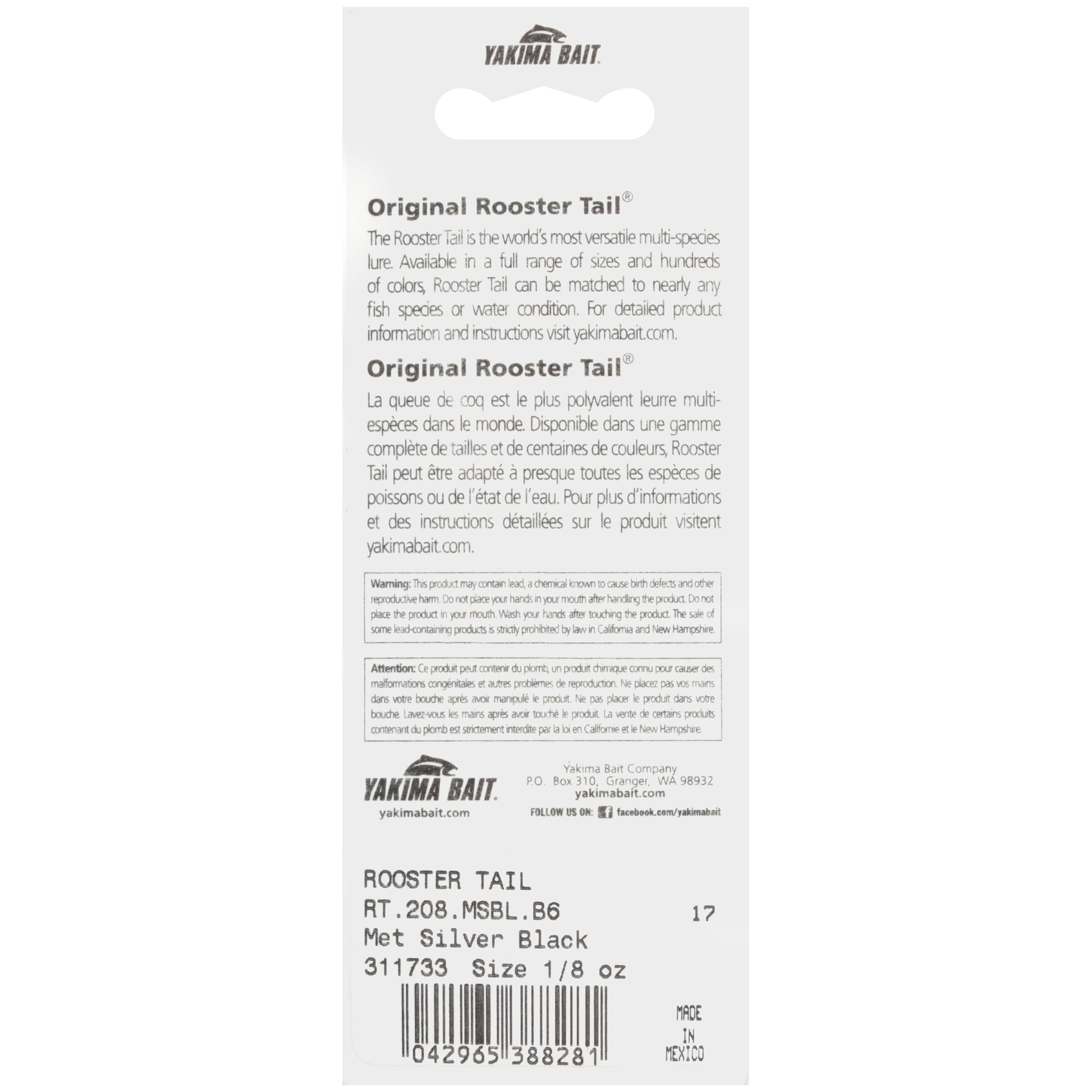 Worden's® Rooster Tail® Original Met Silver Black Lure, Inline Spinnerbait Fishing Lure, 1/8 oz. Carded Pack