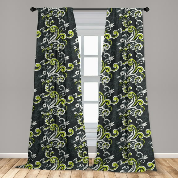 Floral Curtains 2 Panels Set, Vintage Foliage Ornate Motif with Swirling Leaves Doodle Style, Window Drapes for Living Room Bedroom, 56"W X 95"L, Grey Yellow Green, by Ambesonne
