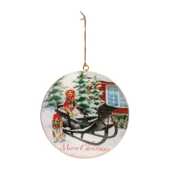 Melrose "Merry Christmas" Dogs in Sleigh Disc Ornaments - 6" - Multi-Color - 6ct