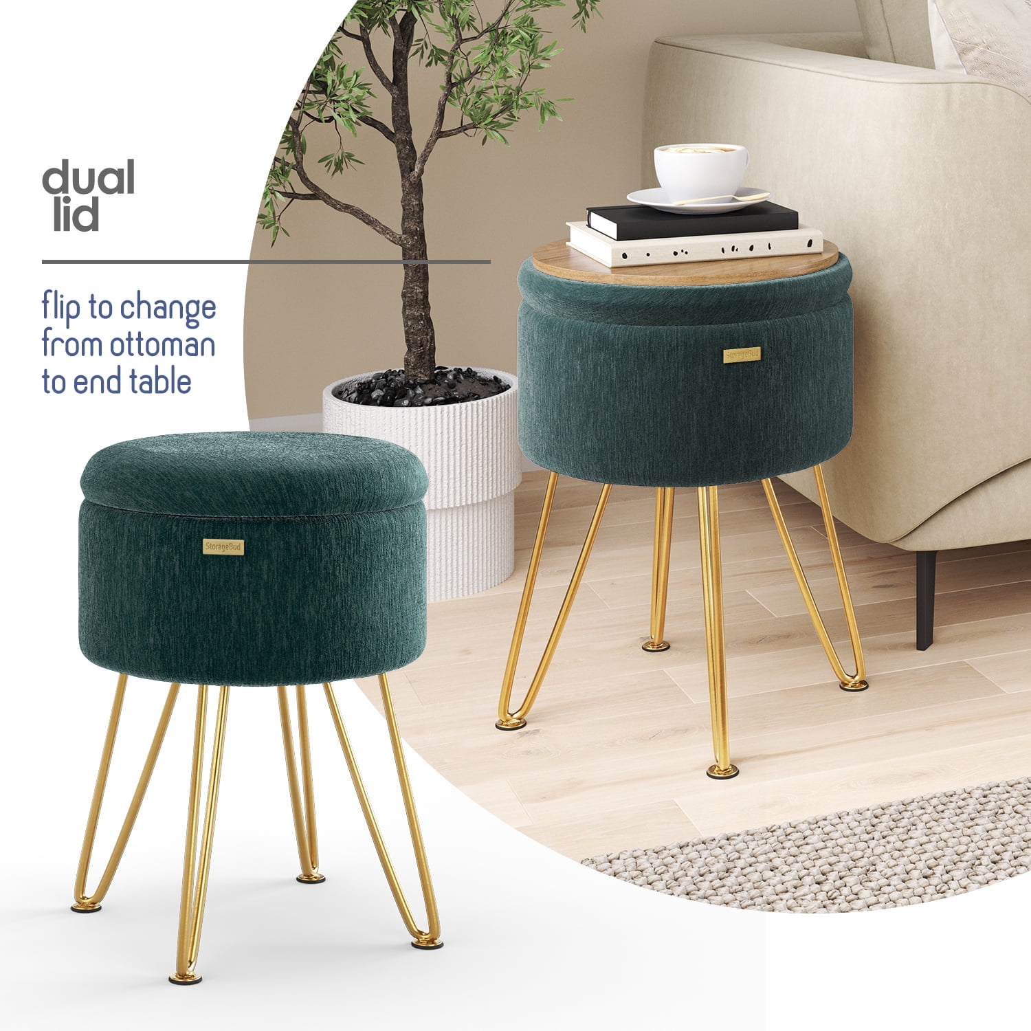 LammaLoe Small Round Ottoman with Storage, Textured Velvet Ottoman Foot Stool with Lid, Upholstered Vanity Stool for Living Room & Bedroom, Green