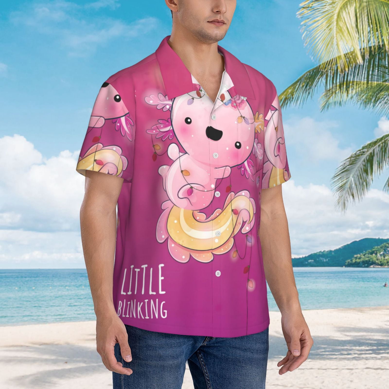 Logiee Cute Pink Axolotl A Print Mens Hawaiian Shirts,Loose-Fit Short Sleeve Button Down Tropical Aloha Beach Shirt,Summer Vacation Wedding Tops,Medium
