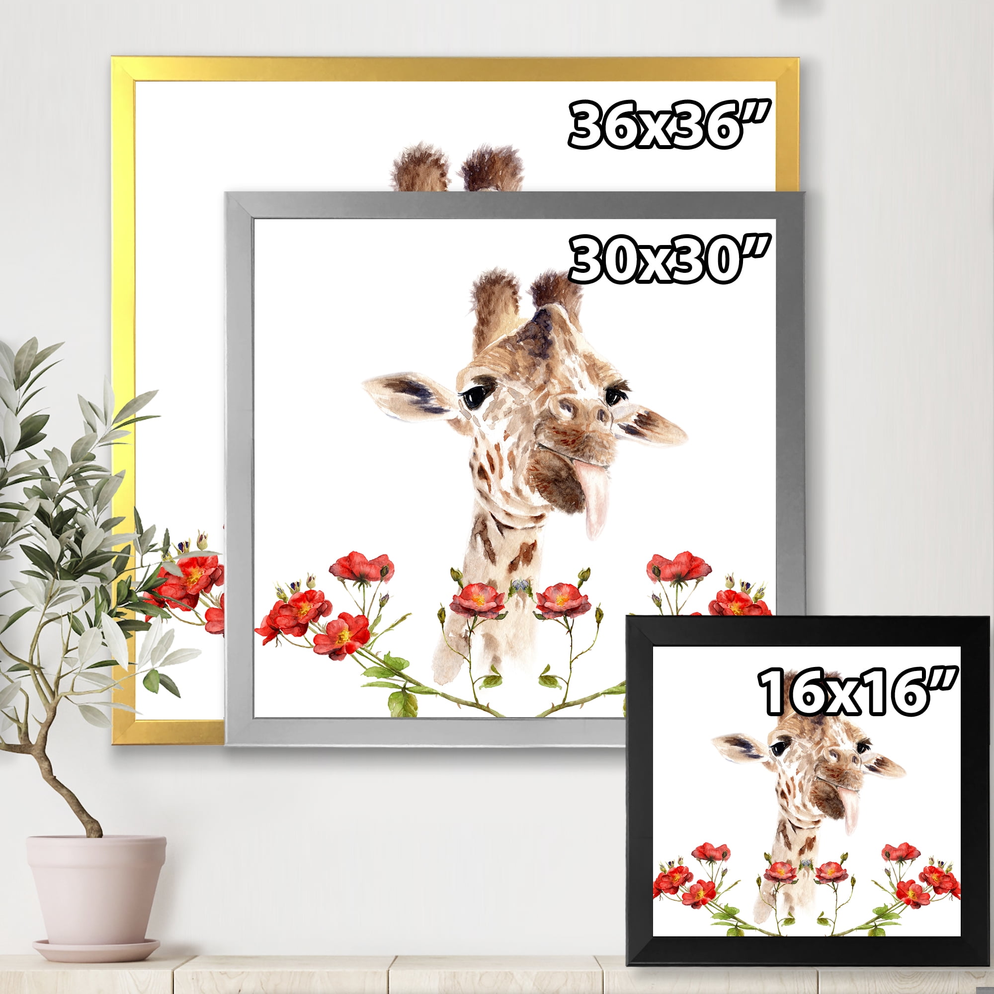 Designart 'Portrait of A Giraffe With Red Flowers I' Farmhouse Framed Art Print