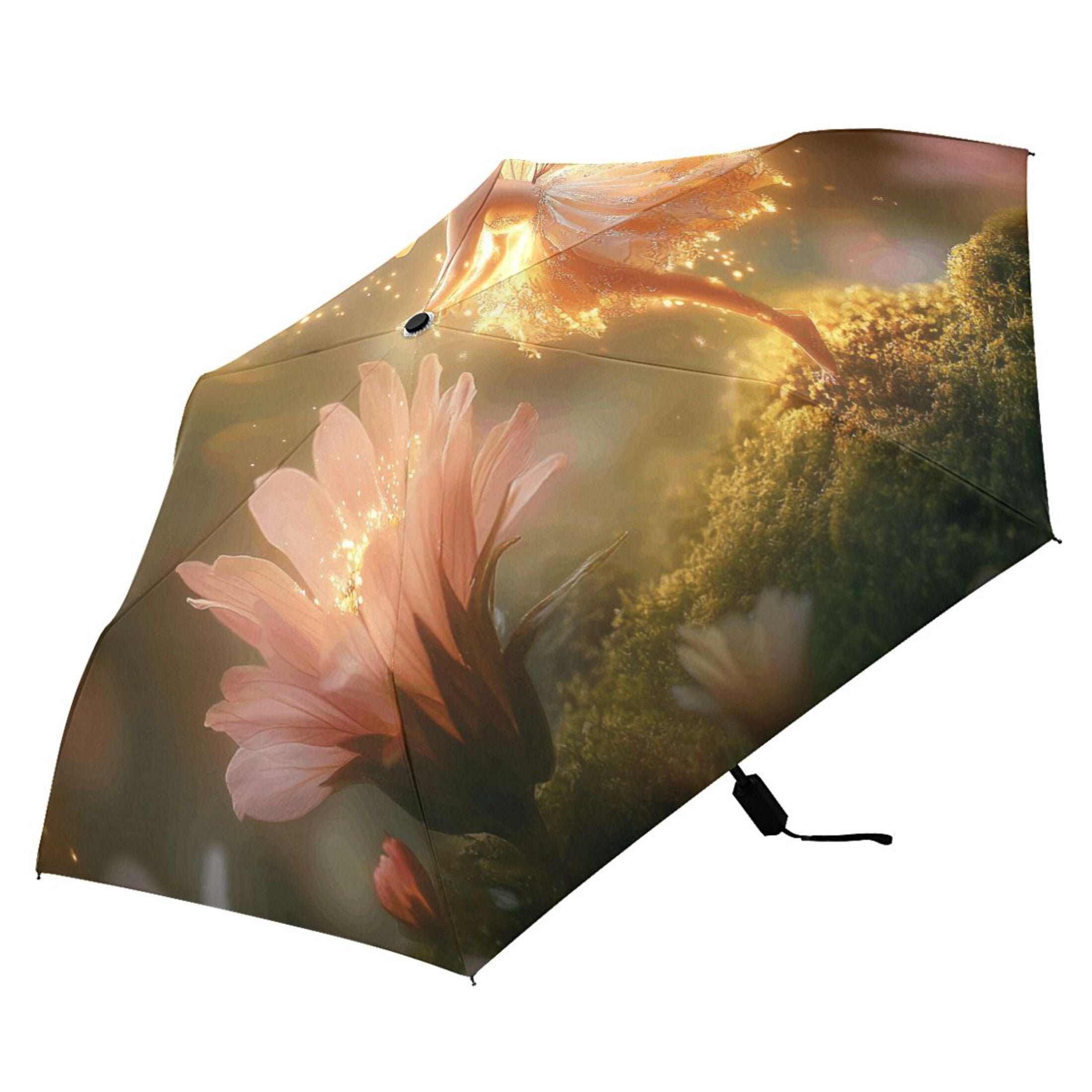 Fairy Flying over Flowers Compact Sun Umbrella Windproof Travel Umbrellas for Rain Strong Portable UV Protection