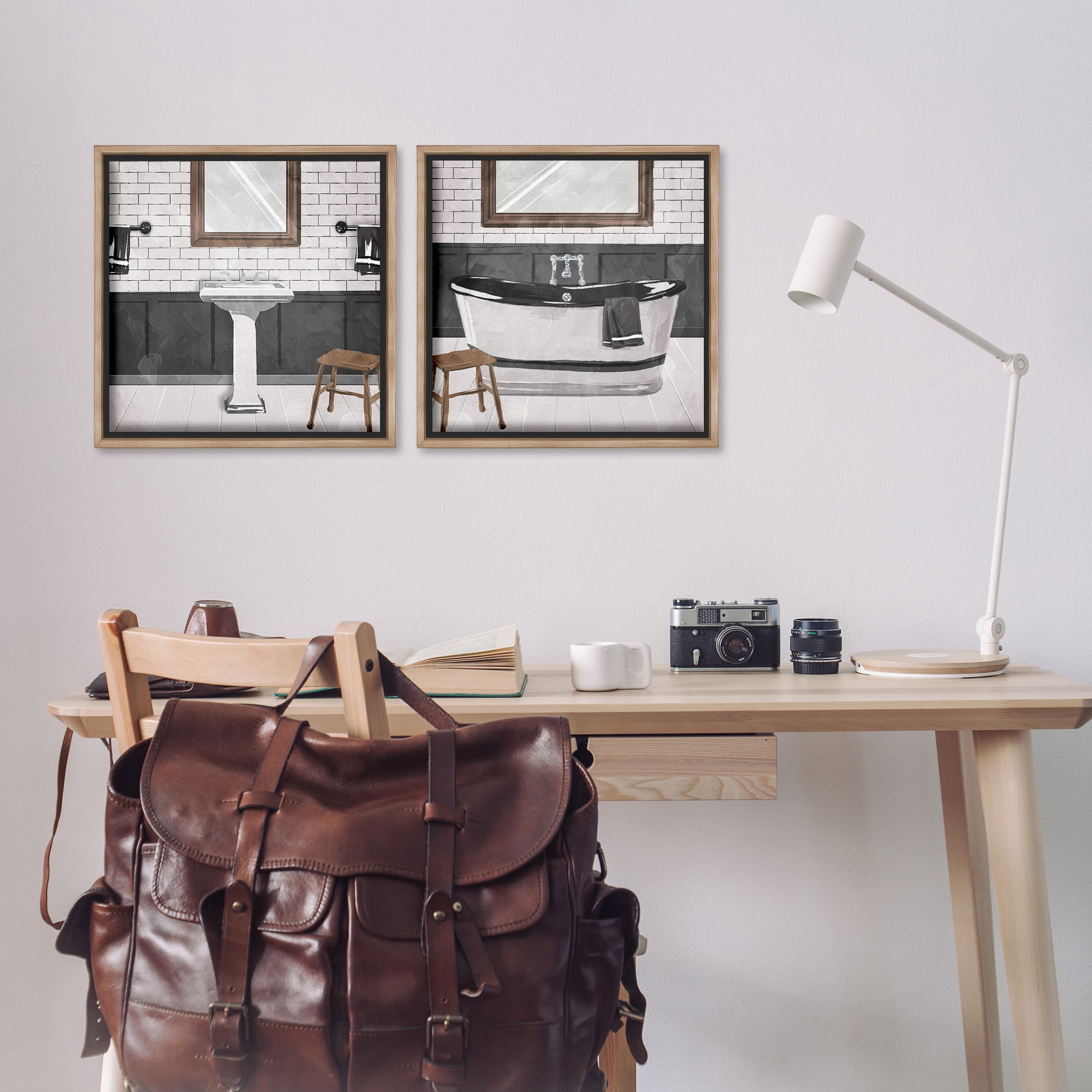 Stupell Industries Modern Country Bathroom Interior Abstract Painting Brown Floater Framed Canvas Art Print Wall Art, 18 x 18, Set of 2