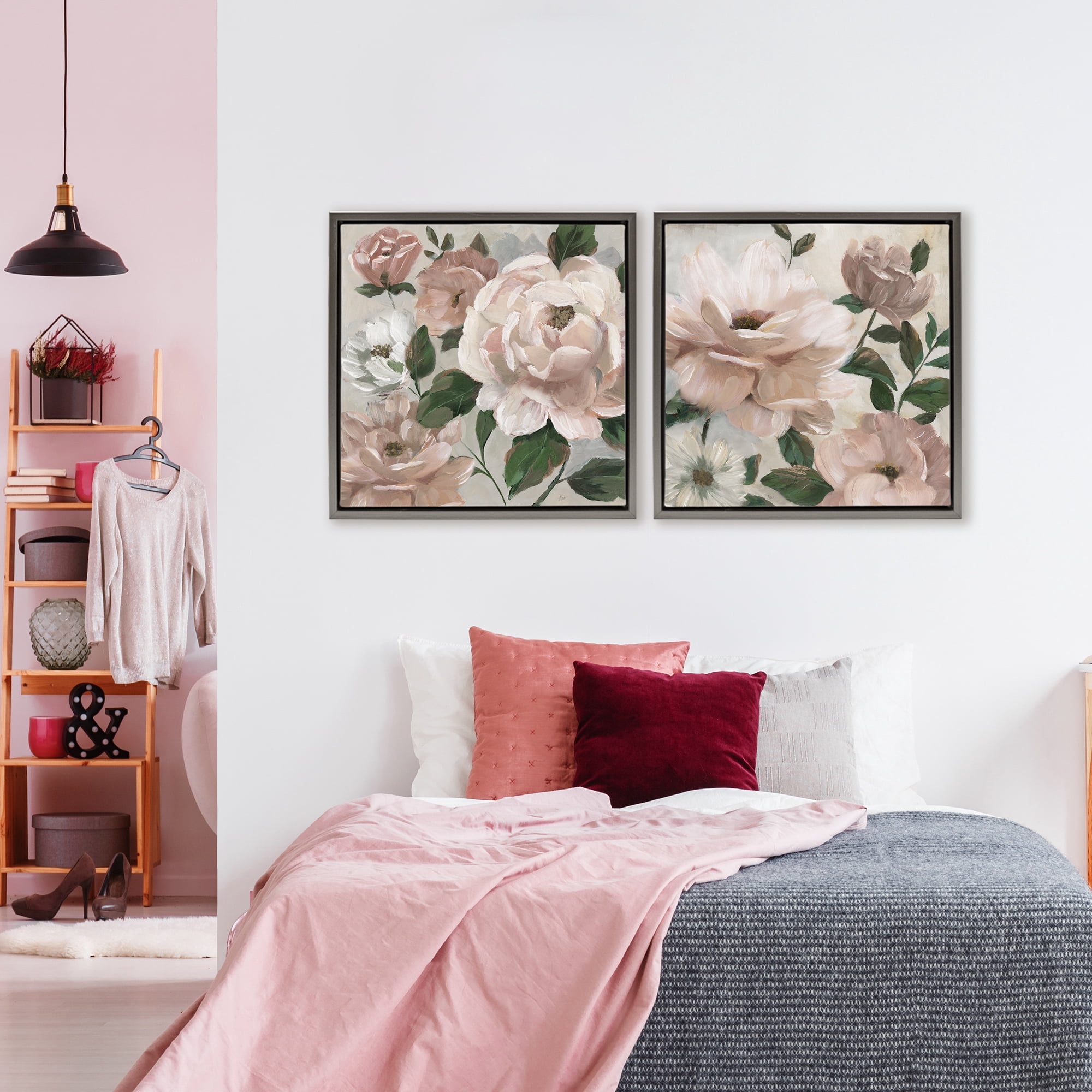 Stupell Industries Elegant Blush Peonies & Leaves 2 Piece Gray Framed Floater Canvas Set, design by Nan