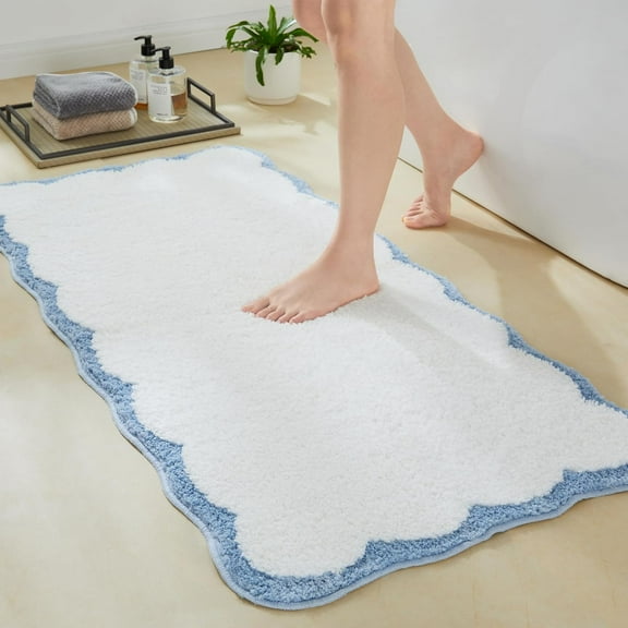 Luxury Microfiber Scalloped Runner Rug, White Bath Rug with Blue Scalloped Piping Cute Aesthetic Bath Mat for Bathroom, Tub, Floor Carpet, Sink, Shower, Anti Slip, Extra Soft, Absorbent, 47x24