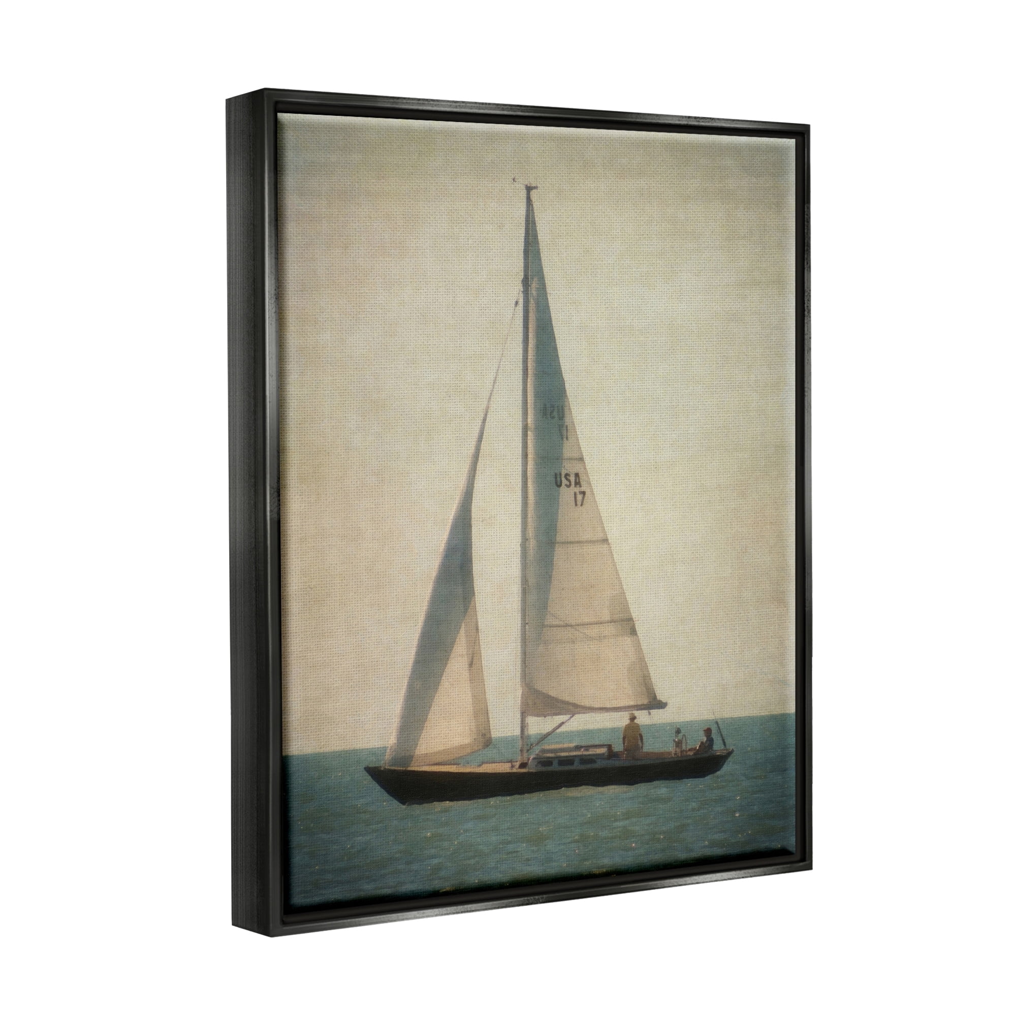Stupell Industries Lone Sailboat People Relaxing Quiet Ocean Landscape Painting Jet Black Floating Framed Canvas Print Wall Art, Design by Graffitee Studios
