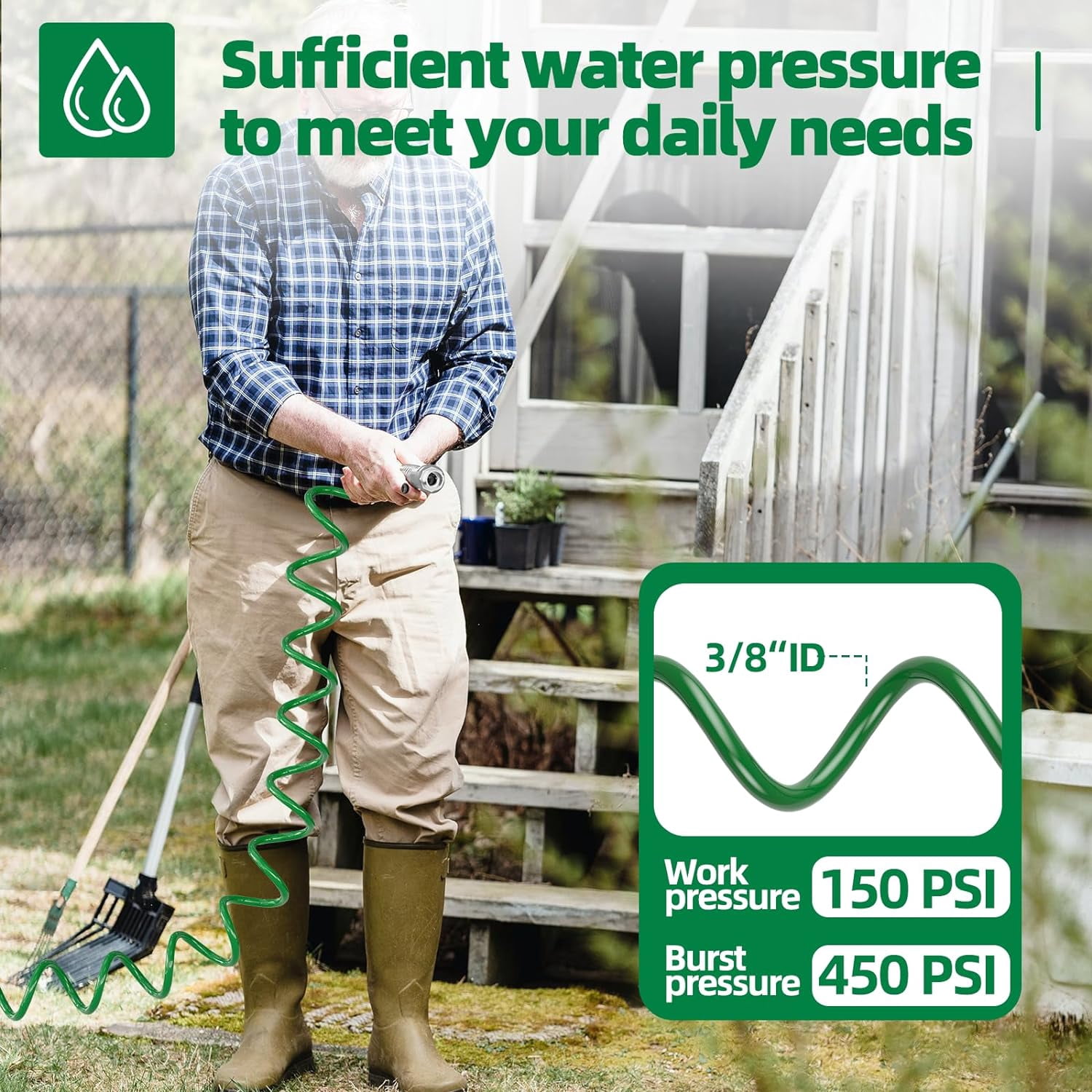 SPECILITE Garden Hose Lightweight 3/8" 100 ft, EVA Flexible Coiled Water Hose with 6-Pattern Spray Nozzle for Outside, Yard, Patio, Boat