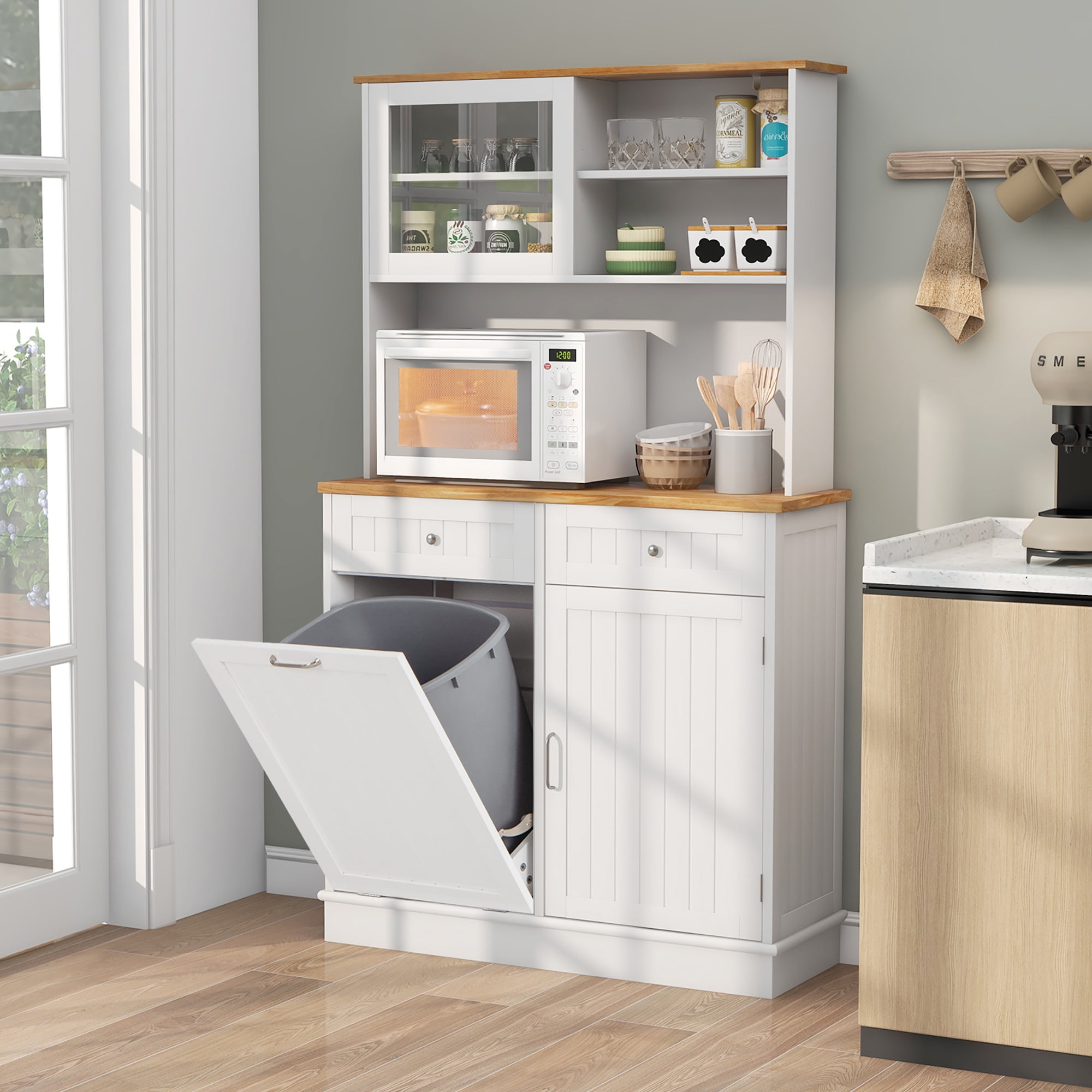Gymax Double Tilt Out Trash Cabinet w/ Hutch Kitchen Pantry Storage Cabinet White