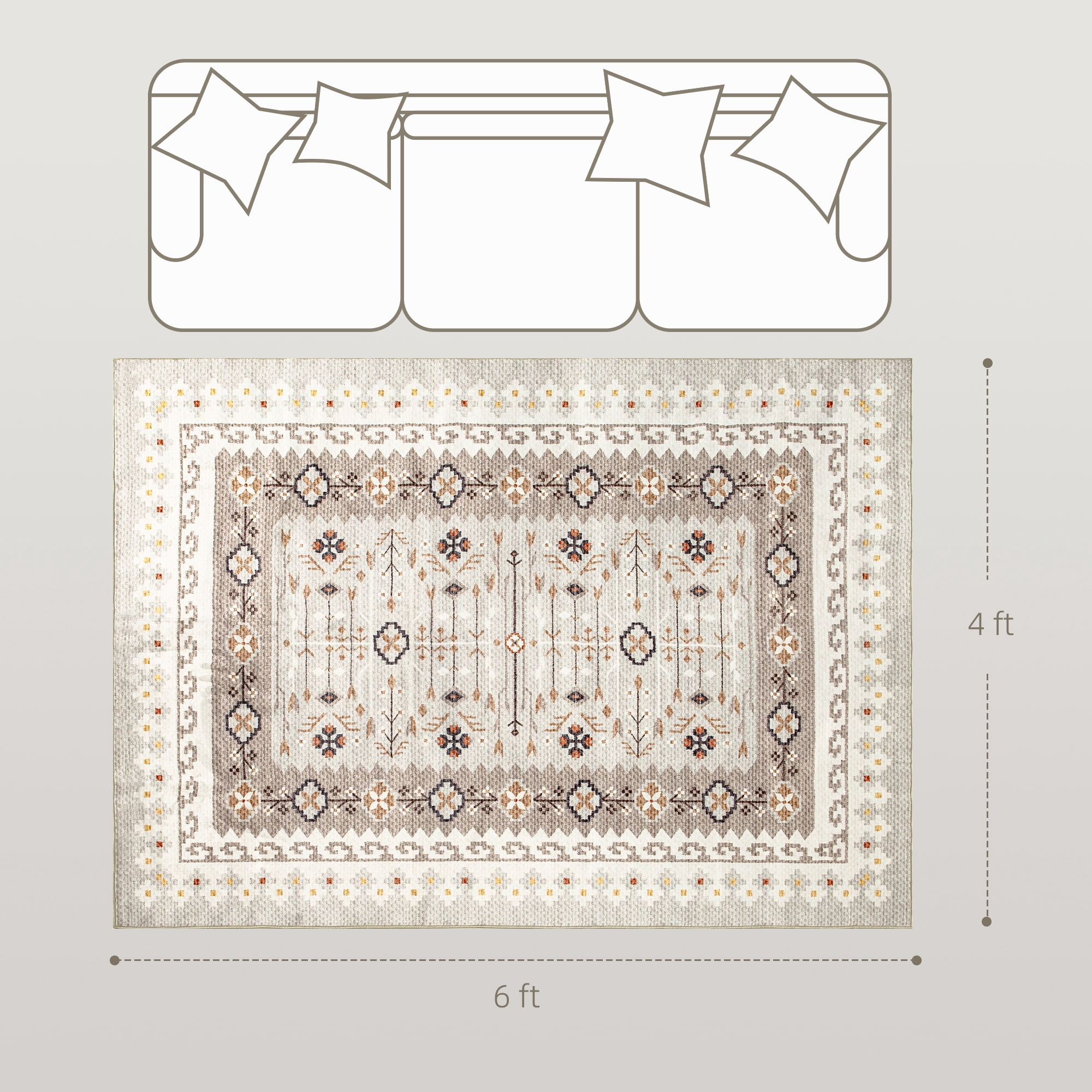 HOMCOM Machine Washable Area Rug 4x6, Non-Slip Boho Flannel Print Floor Cover Foldable Carpet for Living Room, Bedroom, Dining Room, Brown