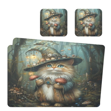 Wobogo Mushroom Hat Kitten Placemats Coasters Set of 2 Heat-resistant Non-slip Easy to Clean Square Dinner Plate Mat