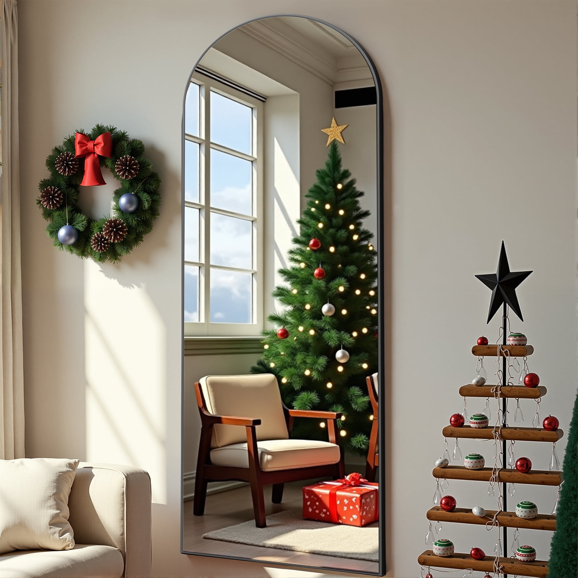 MAYEERTY 57×20 Inch Arched Freestanding Full Length Mirror, Aluminum Frame Wall-Mounted Option Decor Mirror for Bedroom