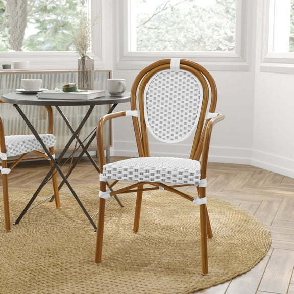 Merrick Lane Stacking Thonet French Bistro Style Chair with Arms, Natural & White PE Rattan Seat, and Lt Bamboo Finished Metal Frame for Indoor/Outdoor Use