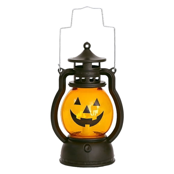 Halloween Pumpkin Lantern with Flickering LED, Portable Jack-O-Lantern for Halloween, Vintage Halloween Lamp Handheld Lantern Oil Lamp for Halloween Decorations Indoor & Outdoor, Orange(A)