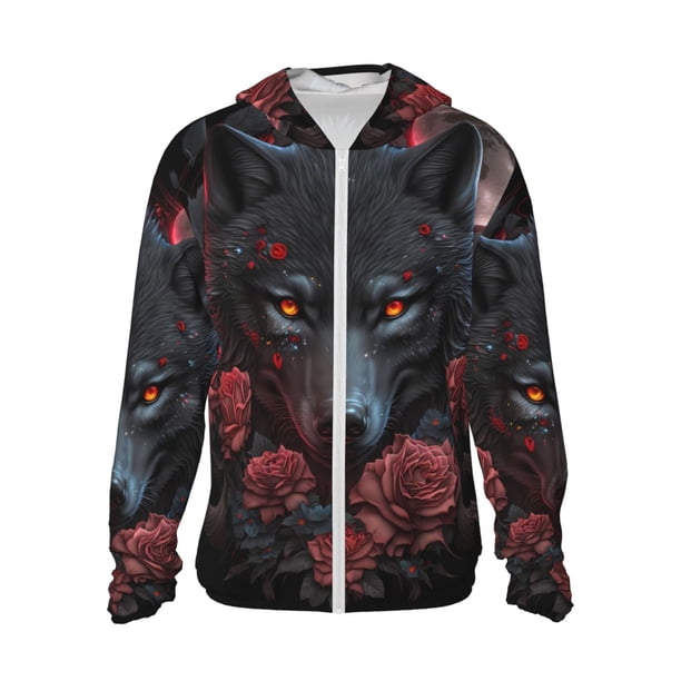Fotbe Rose Full Moon Black Wolf Chaqueta con Protección Solar UPF 50+ para Hombre y Mujer, Camisa con Capucha y Bolsillos-X-Large