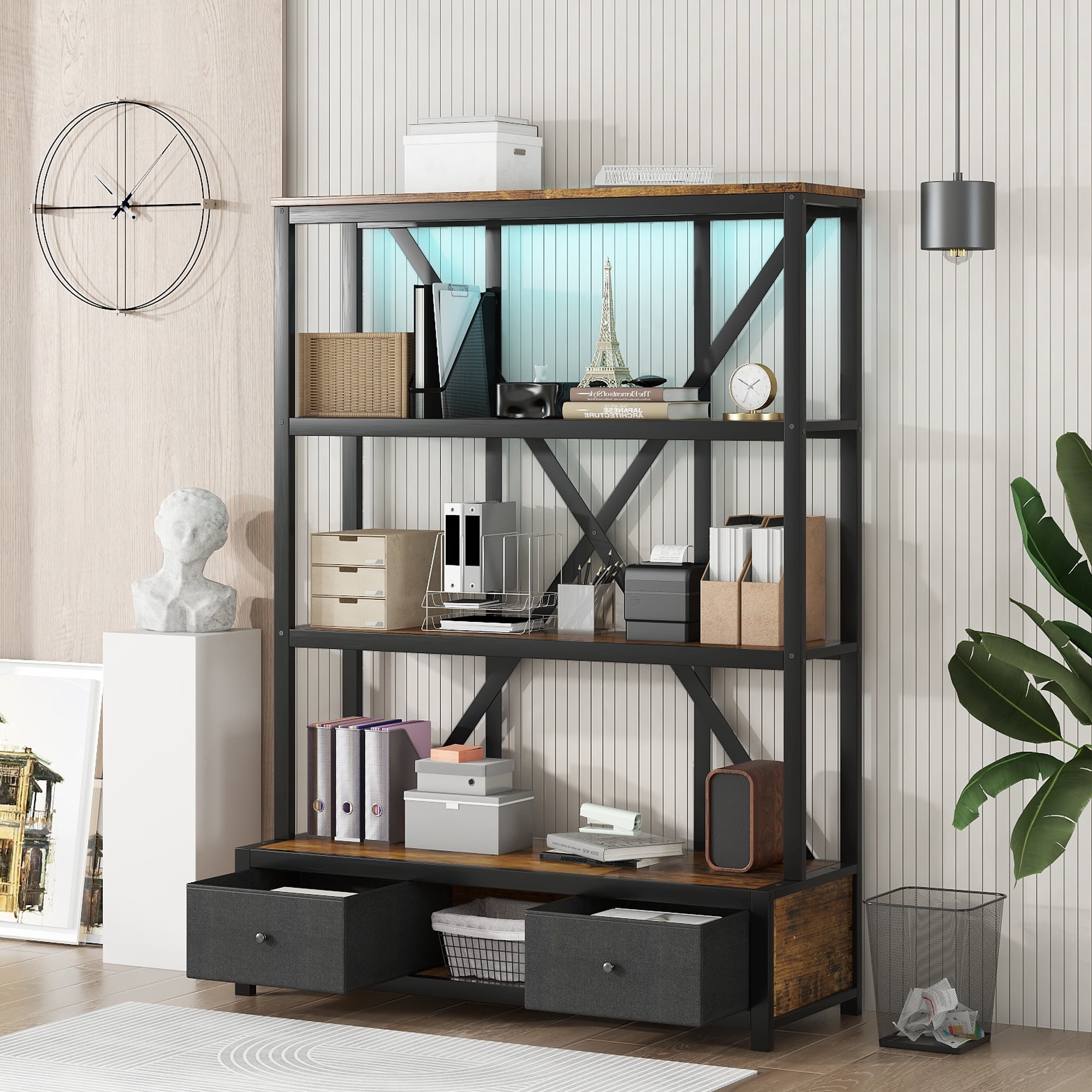 Aukfa 3-Shelf Metal Bookcase with Drawers & LED for Home Office,Vintage