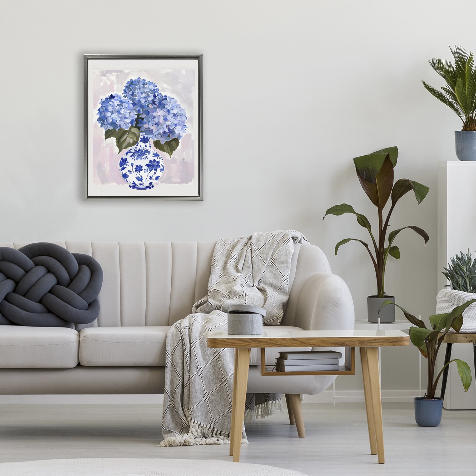 Stupell Industries Blue Hydrangea in Porcelain Vase Gray Framed Floater Canvas Wall Art, design by The Prints Vibe
