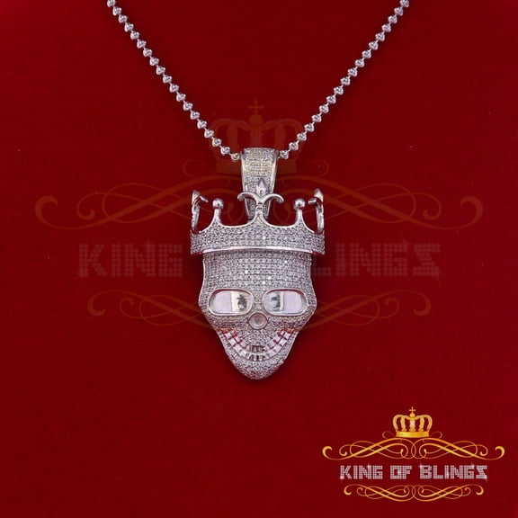 King of Bling's Sterling 925 Silver Skull Hat Shape White Necklace Pendant 3.34ct Cubic Zirconia