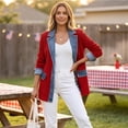 thumbnail image 4 of Hsovts Womens Denim Patchwork Collared Shirt Jacket, Corduroy Shirts | Lightweight Shacket, Soft Ribbed Knit, Button Down Closure, Denim Spliced Jackets Red L, 4 of 6