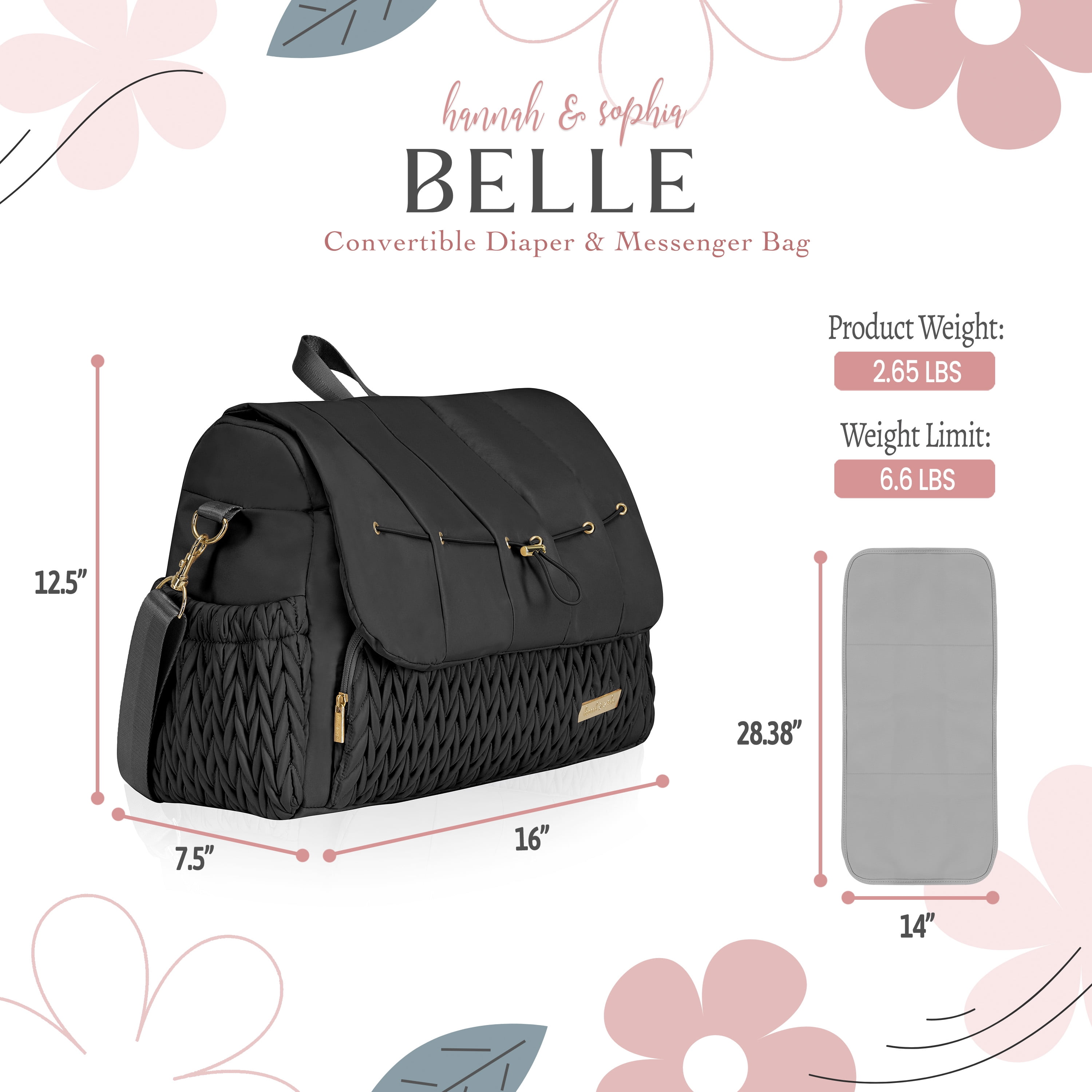 Hannah & Sophia Belle Convertible Diaper Backpack & Messenger Bag – Stylish Everyday Parent Bag, Black Orchid
