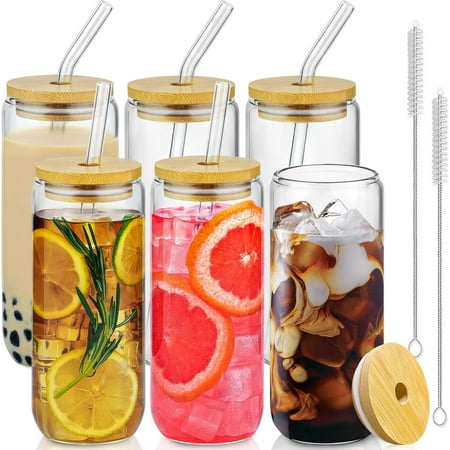 20 ounce drinking cup with bamboo lid and glass straw -6 glass cups, beer ice coffee cup, cute aesthetic cup, perfect for coffee bar accessories including 2 cleaning brushes.