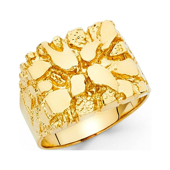 Mens Nugget Ring Solid 14k Yellow Gold Textured Band Diamond Cut Genuine Heavy 15MM, Size 10