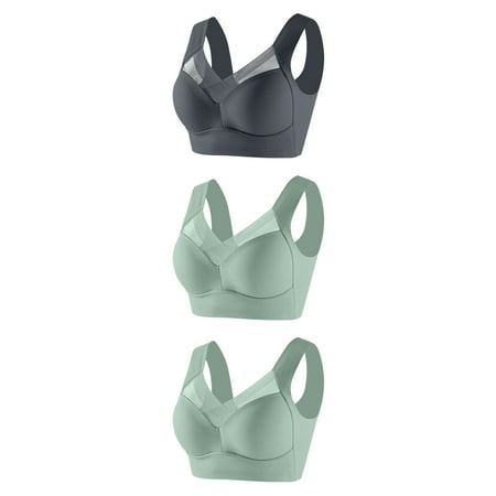 GERsome Wireless Bras for Women Pack of 3 Assorted Color Seamless Full Coverage Comfortable Soft V Neck No Underwire Support Push Up Everyday Bra 3pcs-2Green/Dark Gray XXXXXXL