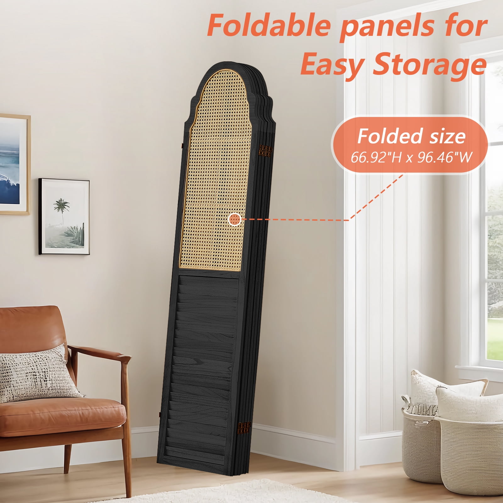 Aletheiawu 6 Panel Rattan Room Divider, Foldable Privacy Screen, No Installation Required, Black