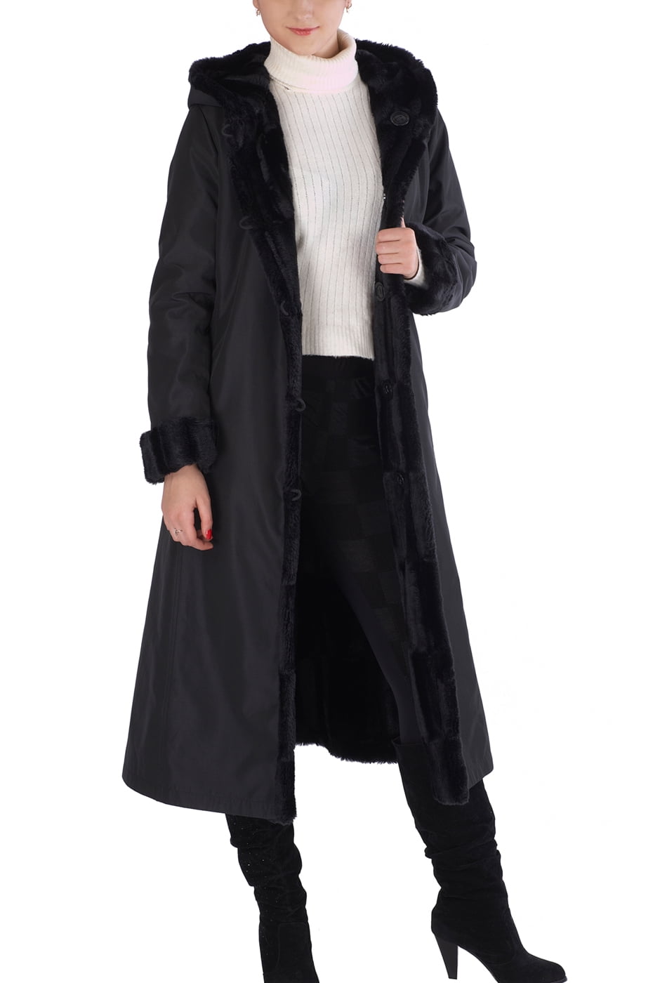 BGSD Womens Lorraine Hooded Reversible Faux Mink Fur Maxi Walking Coat