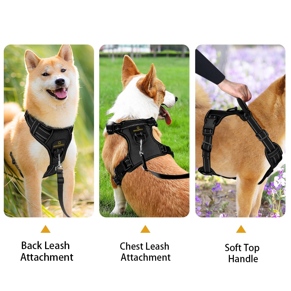 MASBRILL Reflective Dog Harness No Pull Dog Vest Harness with Handle, Breathable Padded Dog Chest Harness Adjustable For Large Dog Black XL