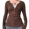 thumbnail image 4 of Sexlip Womens Snap Front Henley Top Long Sleeve Design Soft Fabric Relaxed Silhouette for Daily Errands Brown S, 4 of 9