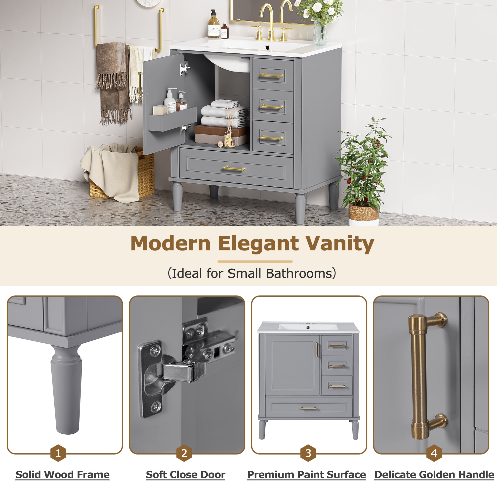 Harper & Bright Designs 30" Bathroom Vanity Sink Combo with Soft Closing Door and 3 Drawers, Bathroom Storage Cabinet with Solid Wood Frame, Gray