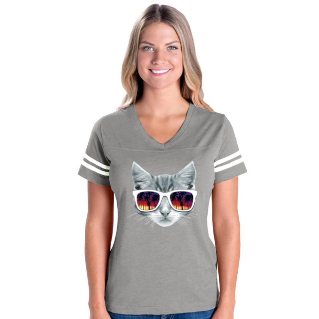 Womens Kitty with Sunglasses Football V-Neck T-Shirt