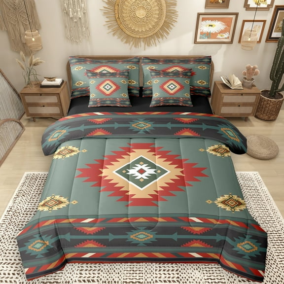 Manfei Green Square Aztec 7-Piece Twin Bedding Sets for Adult, Tribal Western Bohemian Bedding Comforter Set, Mandala Hippie Style Reversible Sheet Sets, Luxury Bedroom Decor