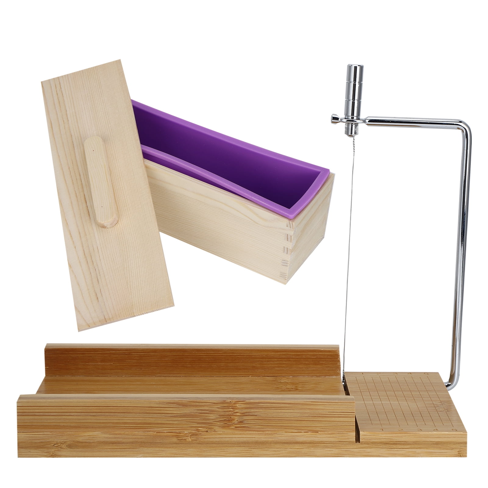 Yajisi Professional Adjustable Bamboo Wood Soap Cutter Mold Set with Purple Silicone Loaf Mold and Lid, Multi-Functional DIY Handmade Soap Making Tool Kit (11.1 x 3.1 x 3.5 inches / 28.2 x 8 x 9 cm)