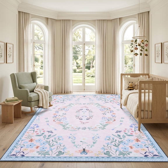 Garvee 8'x10' Floral Area Rug Vintage Botanical Butterfly Carpet, Washable Non-Slip Low Pile Rug for Living Room Bedroom Dining Room Home Decor, Pink