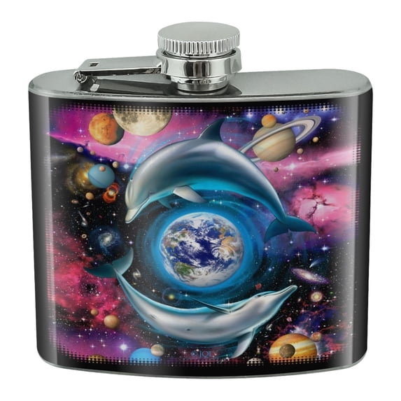 Dolphin Earth World Solar System Yin Yang Stainless Steel 5oz Hip Drink Kidney Flask