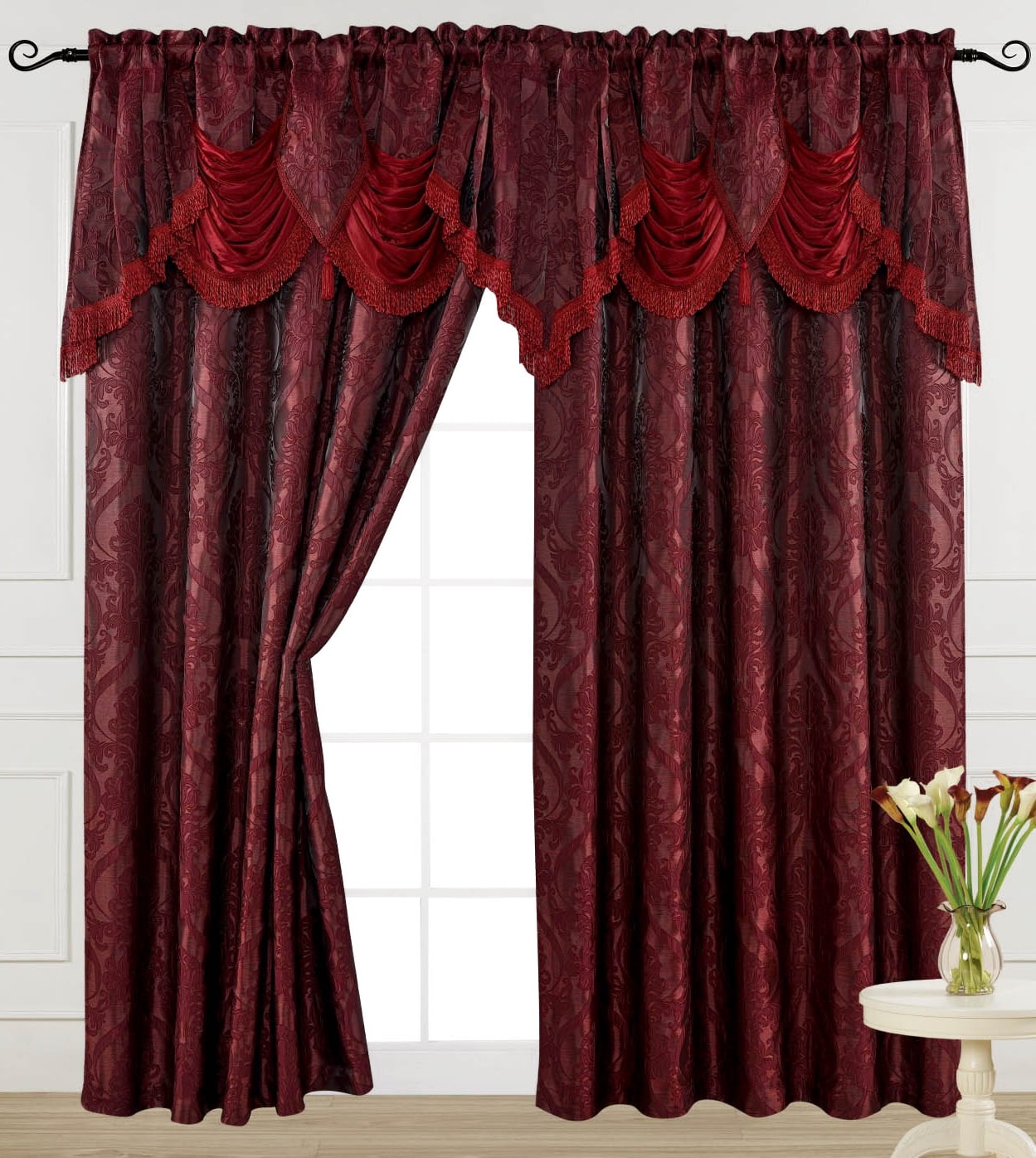 Luxury Jacquard Curtain Panel with Attached Waterfall Valance, 54 by 84
