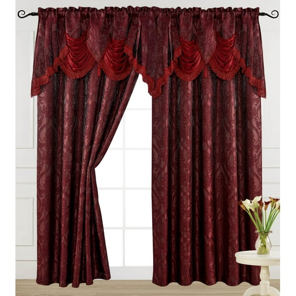Luxury Jacquard Curtain Panel with Attached Waterfall Valance, 54 by 84-Inch Ashley Burgundy (2-Panels)