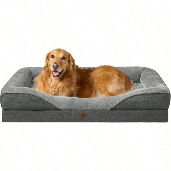 Memory Foam XL Dog Bed For  Sized Extra Large Orthopedic Dog Sofa With Sides And Waterproof Liner Washable Bolster Pet Bed Couch With Removable Cover 42x30x7.5 Inch Grey