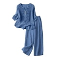 thumbnail image 3 of 3/4 Sleeve Embroidered Linen Set for Women, V-Neck Cotton Blend Top & Wide Leg Cropped Pants 2 Piece Outfit - Boho Summer Vacation Lounge Co-ord Set Blue XXL, 3 of 9
