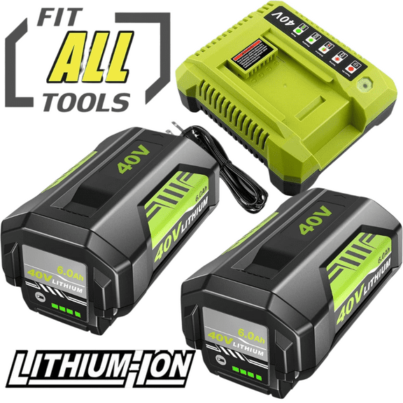 2Pack 6000mAh OP4026 Replacement for Ryobi 40V Battery and OP401 Charger Compatible with Ryobi 40 Volt Battery Lithium ion OP40261 OP4050 OP4040 OP40401 OP40201 OP40601 Cordless Power Tools