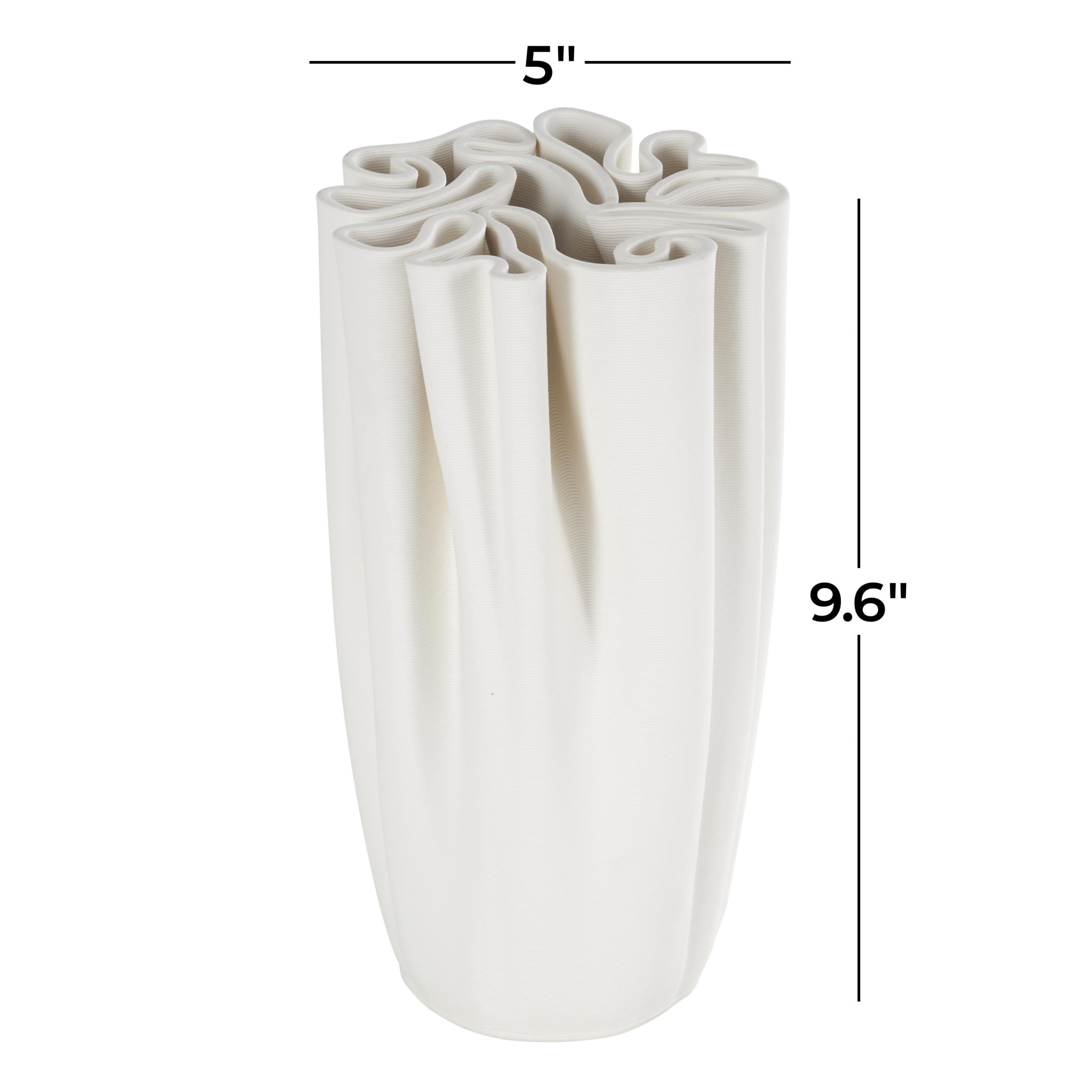 DecMode 10" Abstract Ribbed Dimensional Folded White Ceramic Vase with Compact Wavy Rim