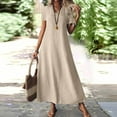 thumbnail image 2 of Evdexr Women's Cotton Dresses Maxi Linen Dress Short Sleeve Solid Colour Flowy V Neck Boho Shirt Dress Baggy Long Loose Casual Dresses with Pockets Khaki L, 2 of 7