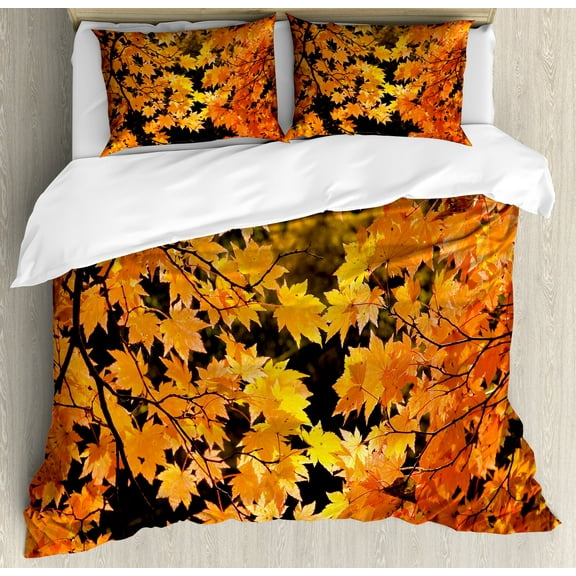 Fall Duvet Cover Set, Vibrant Leaves of Autumn Maple Tree Branches with Sunbeams Seasonal Nature, Decorative 3 Piece Bedding Set with 2 Pillow Shams, Calking Size, Orange Yellow Brown, by Ambesonne