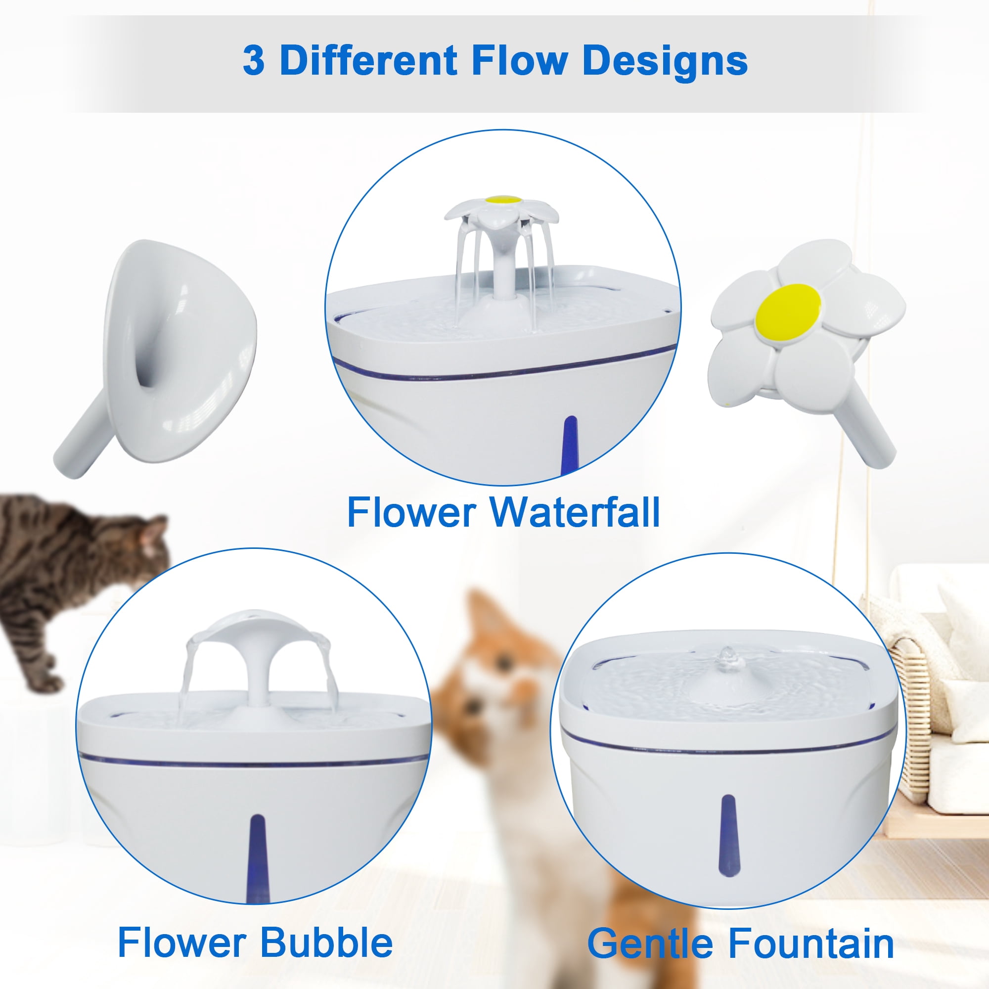 Ultra Quiet Cat Water Fountain, 84oz/2.5L Large Capacity, 2 Replacement Filters Water Dispenser, 3 Flow Design, Multiple Pets