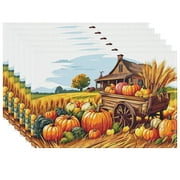 Fall-featured Fade-Resistant Placemats for Coffee Table Dining Table Kitchen, Wheat Apples Pumpkins Placemat 6Pack 17.7" X 13" Non-Slip Vegetables Barn Wooden Cart Placemats