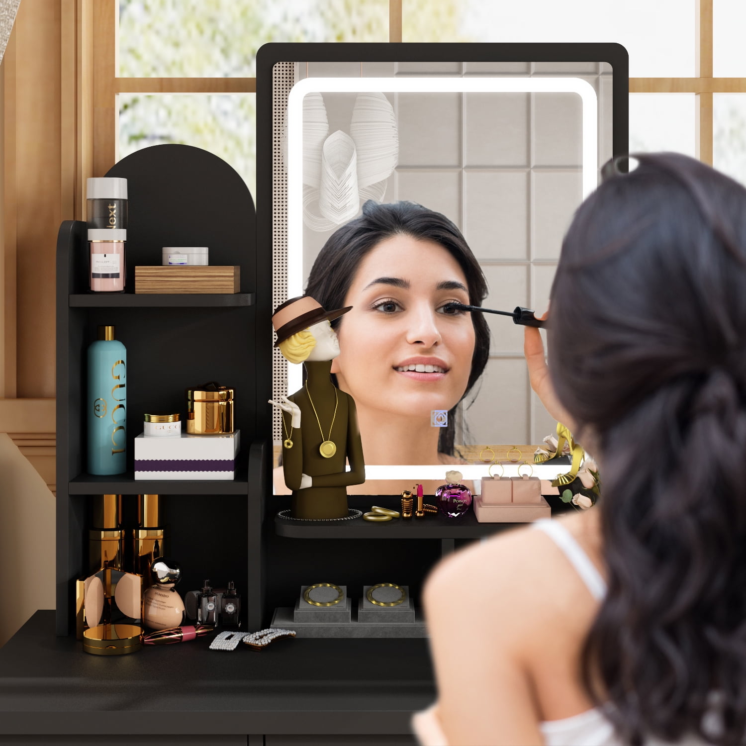 KULAGAGA Makeup Table with Light Mirror, Vanity Drssing Table with Drawers for Bedroom Black