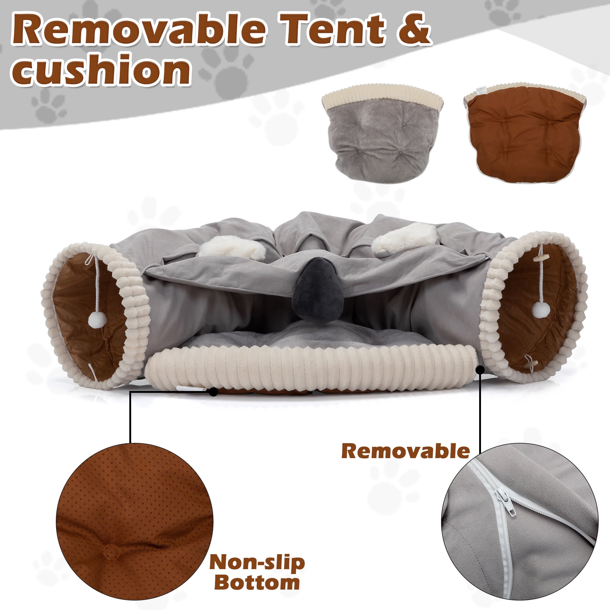 COZIWOW 2-in-1 Cat Tunnel Bed with Hanging Scratching Balls & Removable Mat, Gray