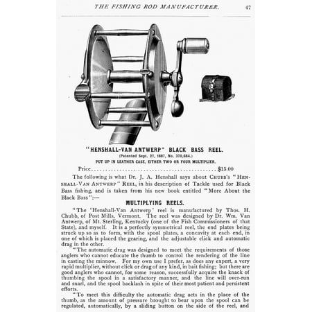 Netcraft Fishing Catalog - Stretched Canvas Art - Fishing Reel, 1890. /Na Page From Thomas H. Chubb'S 1890 Catalog Featuring A Henshall Designed Bass Reel. - Large 24 x 36 inch Wall Art Decor Size.